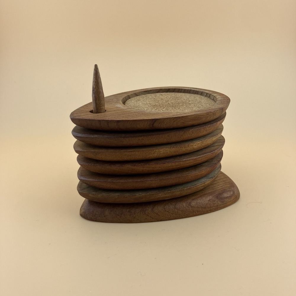 VTG Woodcrest by Styson Mid Century MCM Wood Teak Cork Stacking Coaster Set MCM
